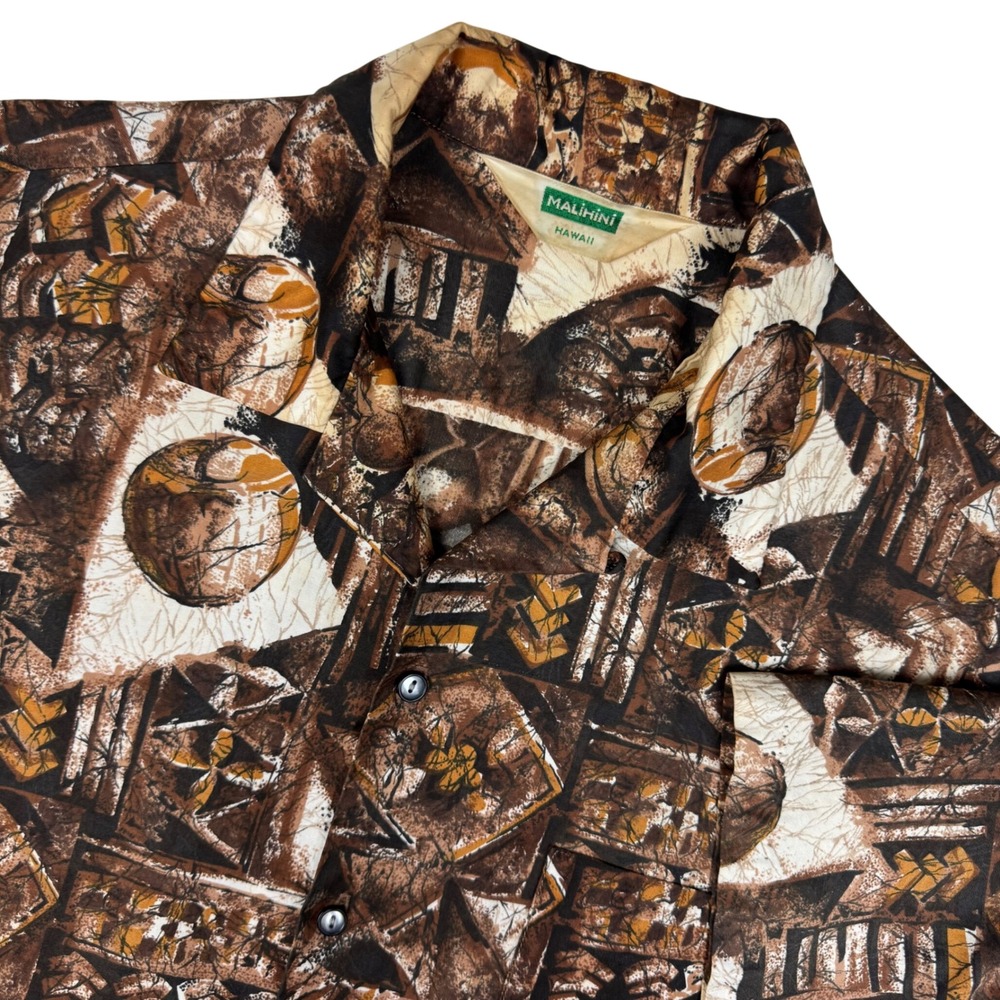 Vintage Malihini‎ Hawaii Aloha Shirt Abstract Polynesian Tribal Brown 60s 70s